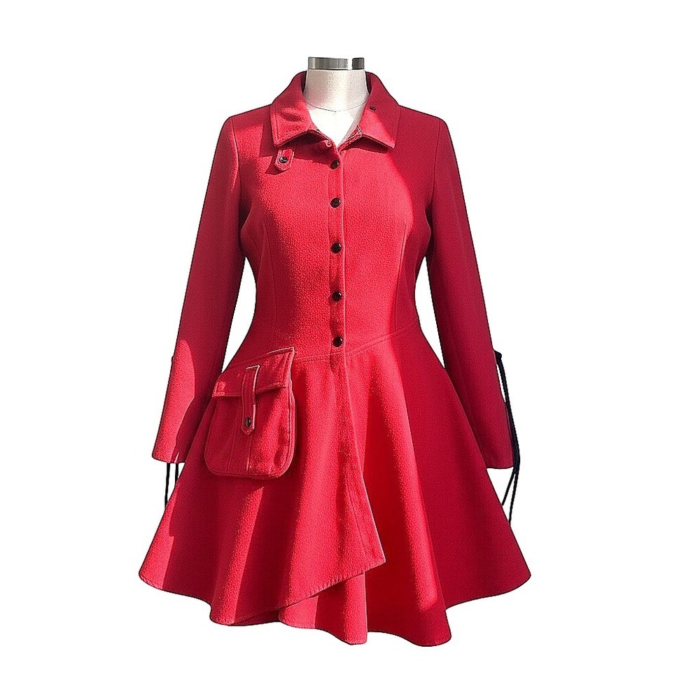 Chic Red Asymmetrical‎ Flared Button Up Long Sleeve Coat Jacket Women M